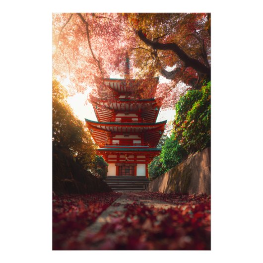 Autumn Maple Pagoda Temple Staircase Glow Foto Afdruk (Voorkant)