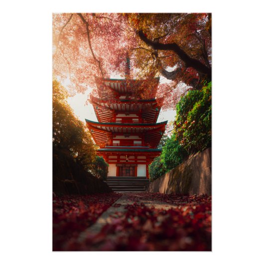 Autumn Maple Pagoda Temple Staircase Glow Perfect Poster (Voorkant)