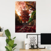 Autumn Maple Pagoda Temple Staircase Glow Poster (Thuiskantoor)