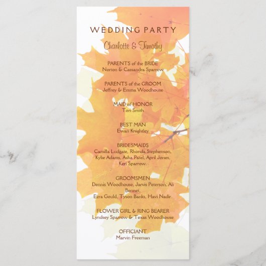 Autumn Maple verlaat huwelijksprogramma Programmakaart (Achterkant)