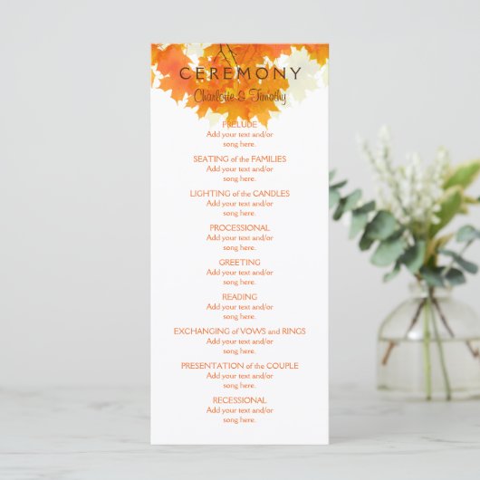 Autumn Maple verlaat huwelijksprogramma Programmakaart (Staand voorkant)