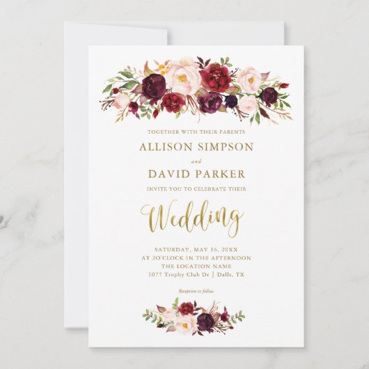 Autumn Marsala Floral Gold Elegant Wedding Kaart (Voorkant)