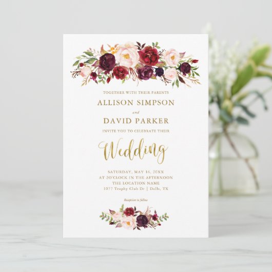 Autumn Marsala Floral Gold Elegant Wedding Kaart (Staand voorkant)