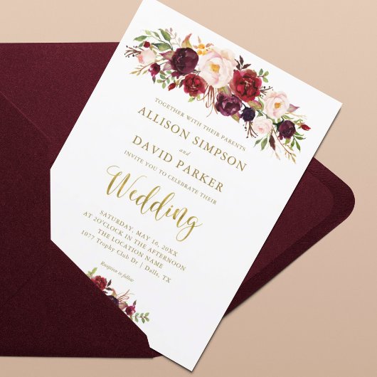 Autumn Marsala Floral Gold Elegant Wedding Kaart