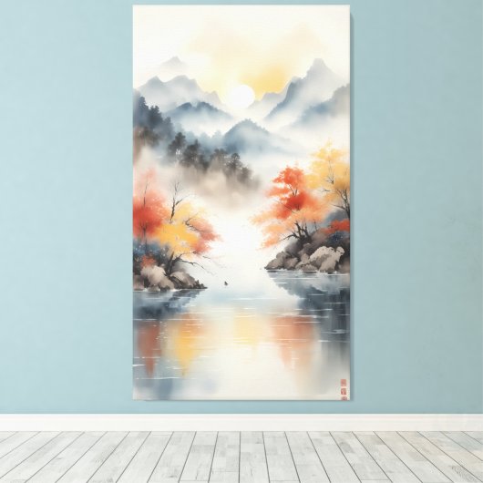 Autumn Mist Over the Mountain Lake Canvas Afdruk (Insitu (Houten vloer))