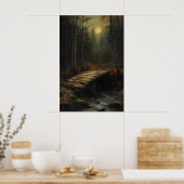 Autumn Moonlit Forest Bridge Rustic Woodland Art Poster (Keuken)