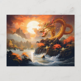 Autumn Moonrise – Chinese Airbrush Dragon in Gold Briefkaart