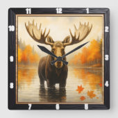 Autumn Moose Forest Lake Vierkante Klok (Voorkant)
