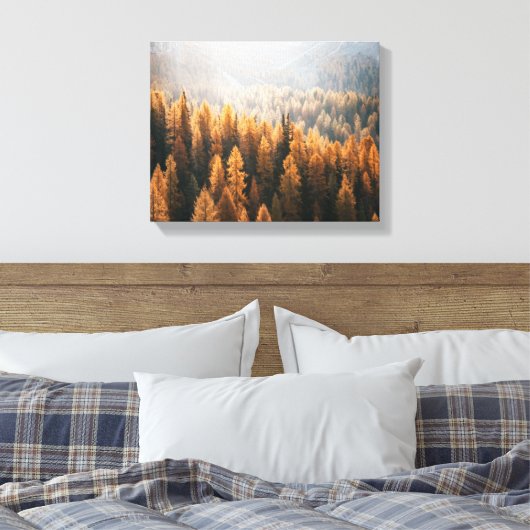 Autumn Mountain Uitzicht met gele larches Canvas Afdruk (Insitu (Slaapkamer))