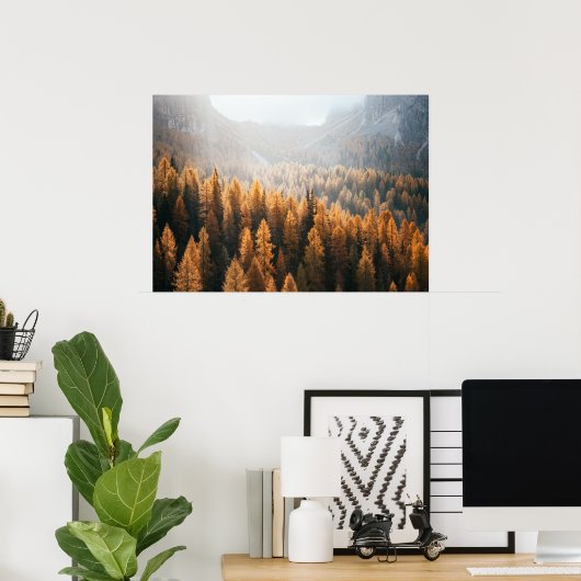 Autumn Mountain Uitzicht met gele larches Poster (Thuiskantoor)