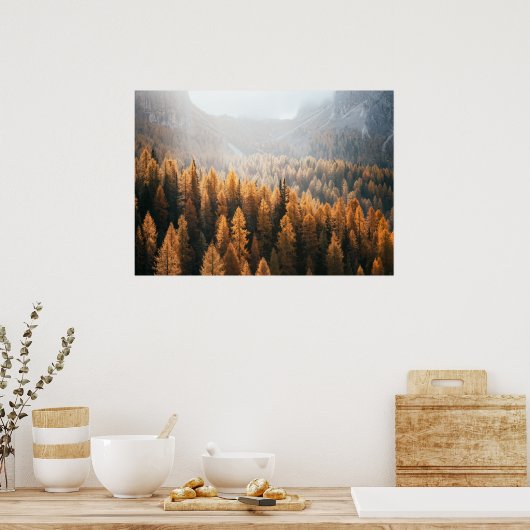 Autumn Mountain Uitzicht met gele larches Poster (Keuken)