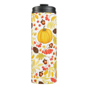 Autumn naadloze achtergrond met pompoenen, zuren, thermosbeker