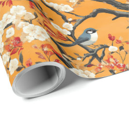 Autumn Orange Floral Birds Chinoiserie Cadeaupapier