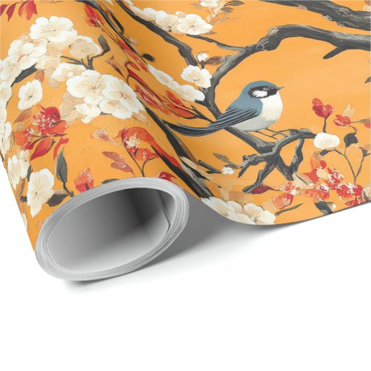 Autumn Orange Floral Birds Chinoiserie Cadeaupapier (Rol Hoek)