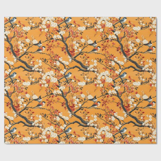 Autumn Orange Floral Birds Chinoiserie Cadeaupapier (Vlak)