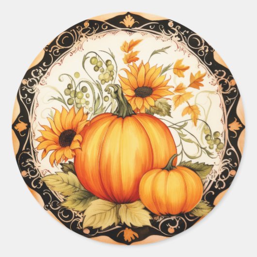 Autumn Oranje Pumpkins Floral Ronde Sticker (Voorkant)
