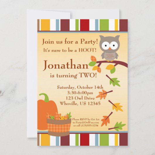 Autumn Owl and Pumpkin Birthday Party Invitation Kaart (Voorkant)