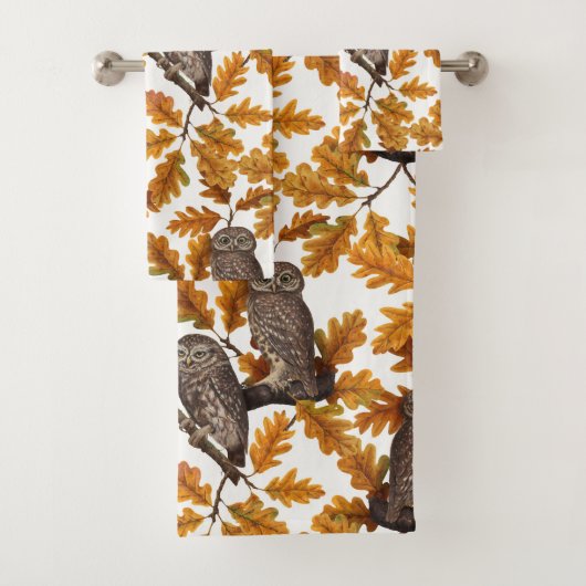 Autumn owls on cotton white bad handdoek (Insitu)