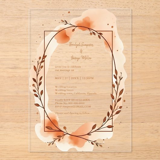 Autumn Peach groen Waterverf Lijst Acryl Uitnodigingen (Voorkant)