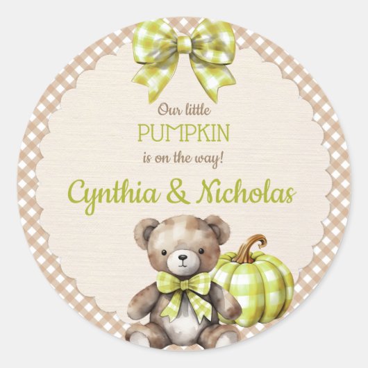 Autumn Plaid Teddy Bear Pompoen Groen Beige Ronde Sticker (Voorkant)