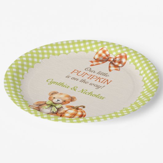 Autumn Plaid Teddy Bear Pumpkin Papieren Bordje (Gekanteld)