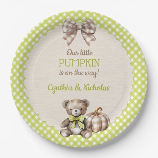Autumn Plaid Teddy Bear Pumpkin Papieren Bordje (Voorkant)