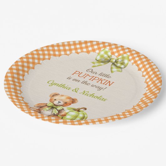 Autumn Plaid Teddy Bear Pumpkin Papieren Bordje (Gekanteld)