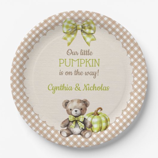 Autumn Plaid Teddy Bear Pumpkin Papieren Bordje (Voorkant)