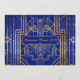 Autumn Prom-uitnodiging, goud, blauw, Gatsby V3 Kaart