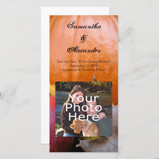 Autumn Pumpkin, Apple en kleurrijke bladeren Save The Date (Voorkant / Achterkant)