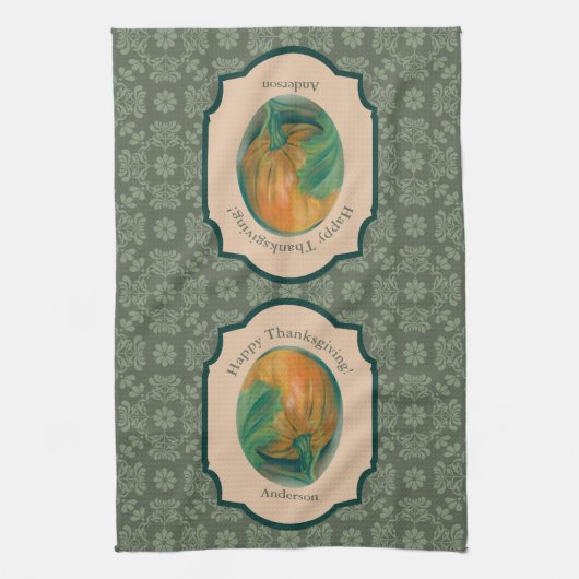 Autumn Pumpkin en Leaf Personalized Thanksgiving Theedoek (Verticaal)