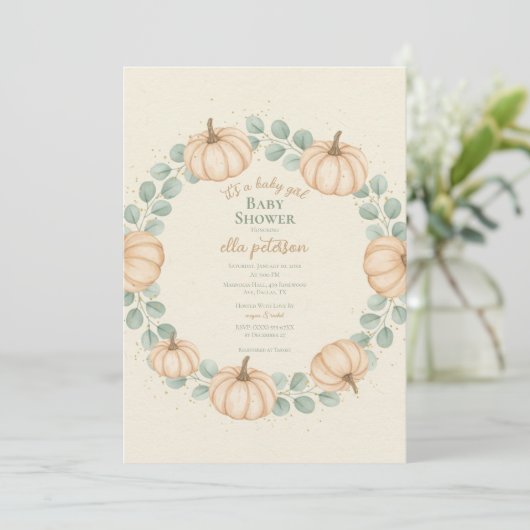 Autumn Pumpkin Eucalyptus Baby shower Uitnodiging (Staand voorkant)