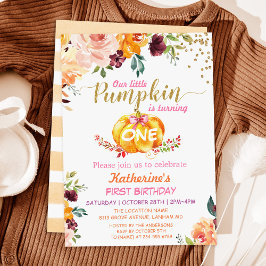 Autumn Pumpkin Floral Girl Baby Birthday Party Kaart