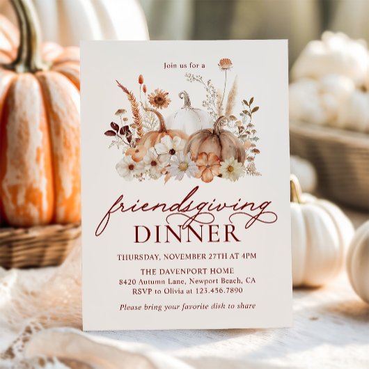 Autumn Pumpkin Floral Rustic Friendsgiving Dinner Kaart