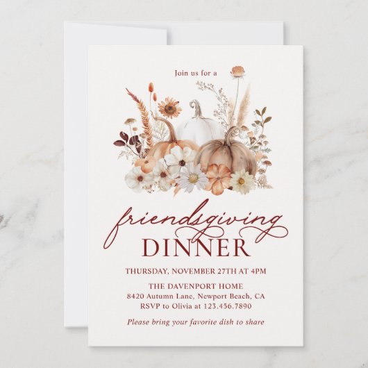 Autumn Pumpkin Floral Rustic Friendsgiving Dinner Kaart (Voorkant)