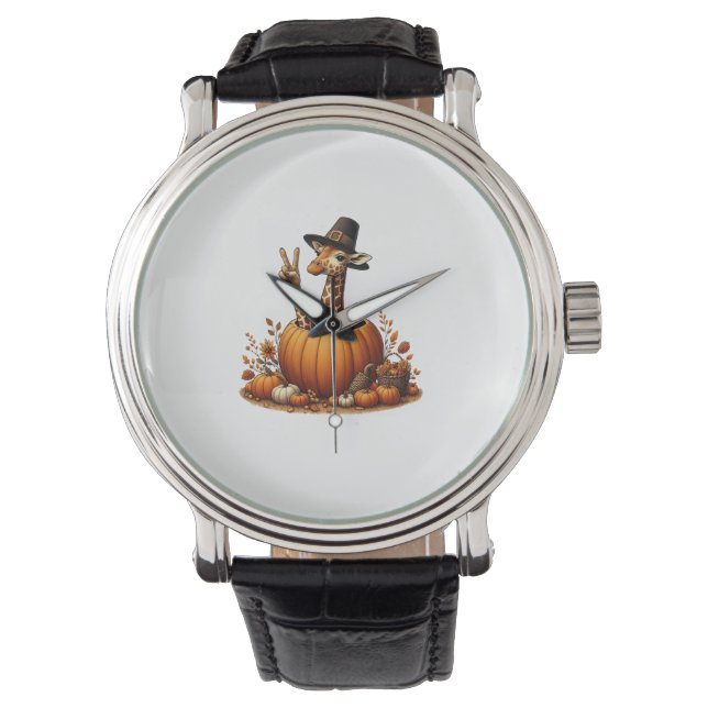 Autumn Pumpkin Herfst Giraffe Thanksgiving Womens  Horloge (Voorkant)