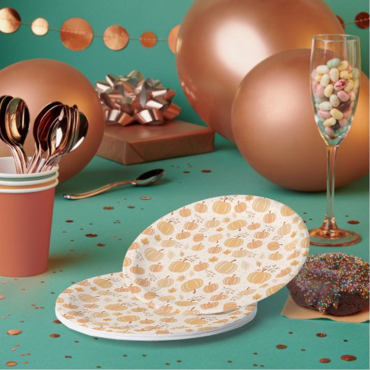Autumn Pumpkin & Leaf Pattern Baby shower Papieren Bordje (Multi)