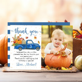 Autumn Pumpkin Leaves Blue Truck Birthday Foto Bedankkaart