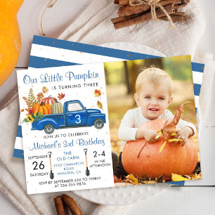 Autumn Pumpkin Leaves Blue Truck Birthday Foto Kaart