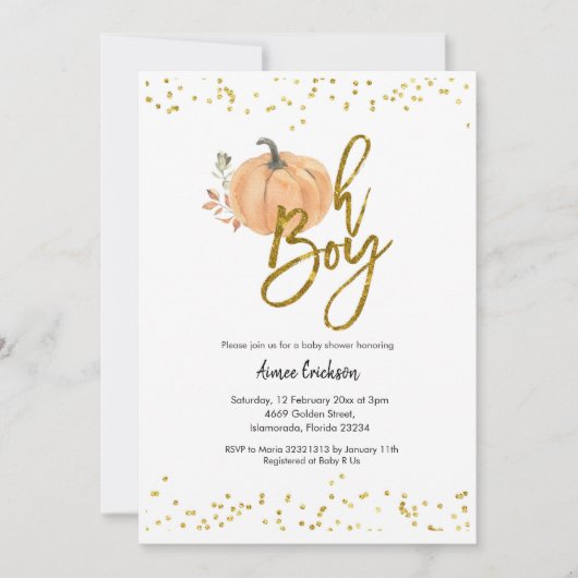 Autumn Pumpkin Oh Boy Baby shower Uitnodiging (Voorkant)