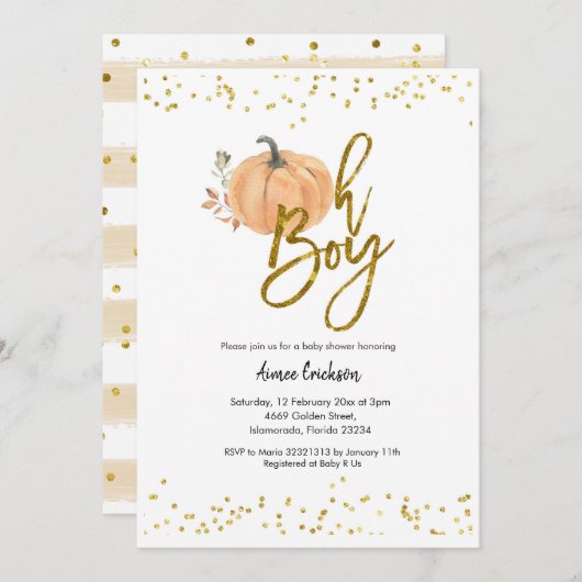 Autumn Pumpkin Oh Boy Baby shower Uitnodiging (Voorkant / Achterkant)