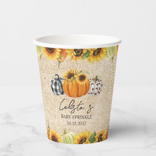 Autumn Pumpkin Sunflower Burlap Baby Sprinkle Papieren Bekers (Voorkant)