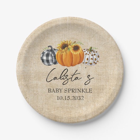 Autumn Pumpkin Sunflower Burlap Baby Sprinkle Papieren Bordje (Voorkant)
