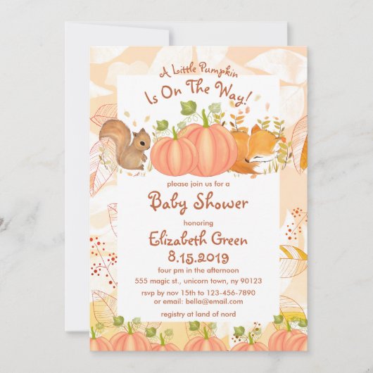 Autumn Pumpkin Woodland Baby Shower Invitations Kaart (Voorkant)