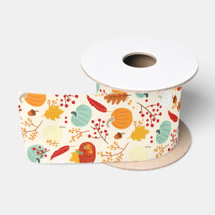 Autumn Pumpkins and Leaves Pattern Satin Ribbon Satijnen Lint