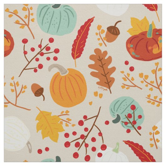 Autumn Pumpkins and Leaves Pattern Stof (Swatch)
