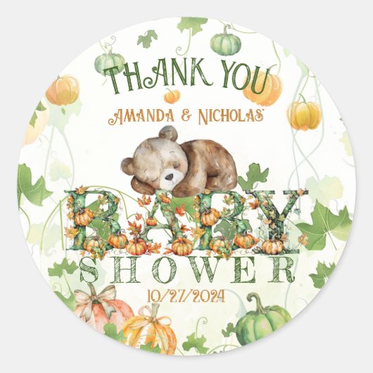 Autumn Pumpkins & Beer Baby shower Dank u Ronde Sticker (Voorkant)