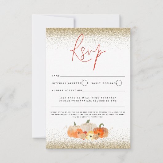 Autumn Pumpkins Floral Glitter Herfst Script QR Co RSVP Kaartje (Voorkant)