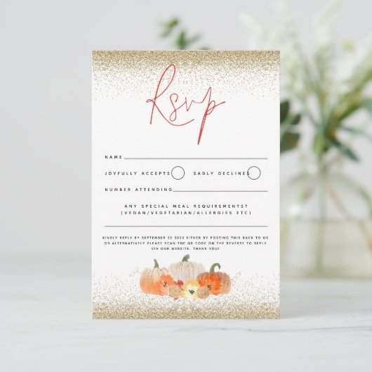 Autumn Pumpkins Floral Glitter Herfst Script QR Co RSVP Kaartje (Staand voorkant)
