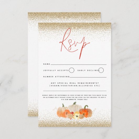 Autumn Pumpkins Floral Glitter Herfst Script QR Co RSVP Kaartje (Voorkant / Achterkant)